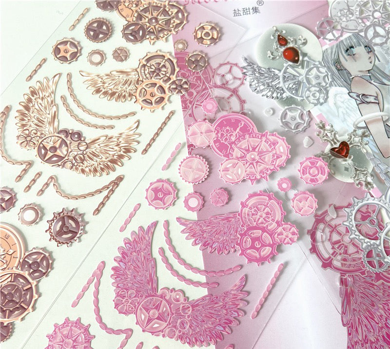 "Celestial Angel's Essence" Original Gear and Chain Versatile Base Sticker for Glamorous Wing Decoration of Goo Cards, Planner, and Photos