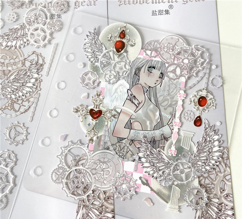 "Celestial Angel's Essence" Original Gear and Chain Versatile Base Sticker for Glamorous Wing Decoration of Goo Cards, Planner, and Photos