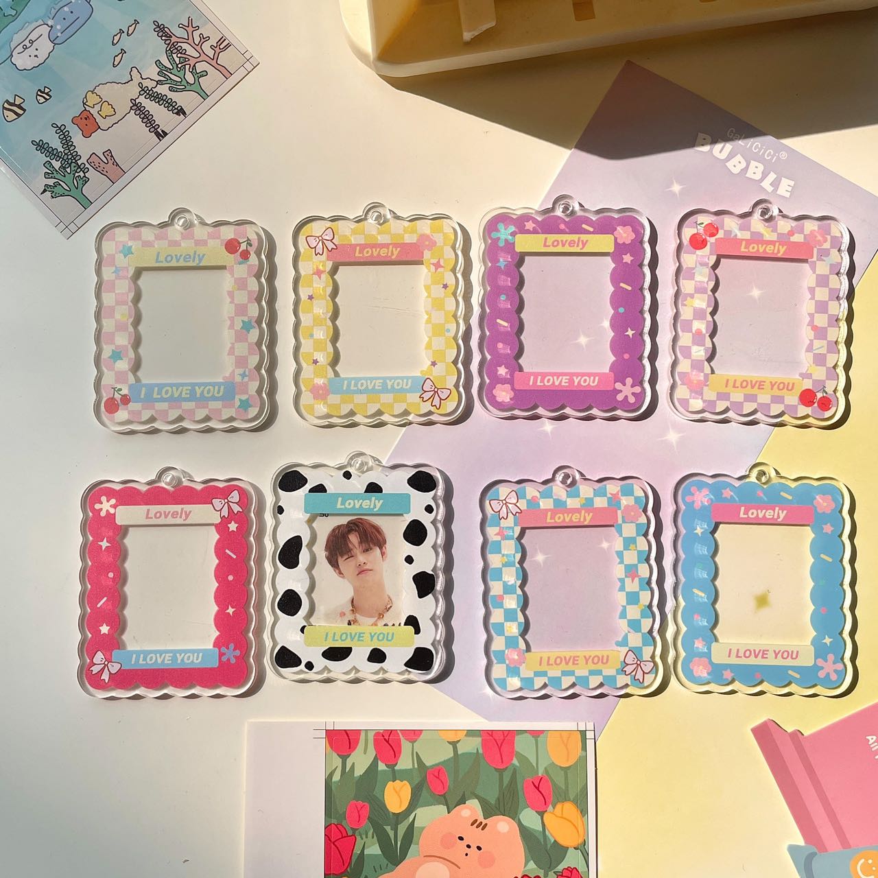 Korean INS Vintage Mobile Phone Frame Keychain Acrylic Goo Card Disc DIY Collage Love Bean Photo Pendant