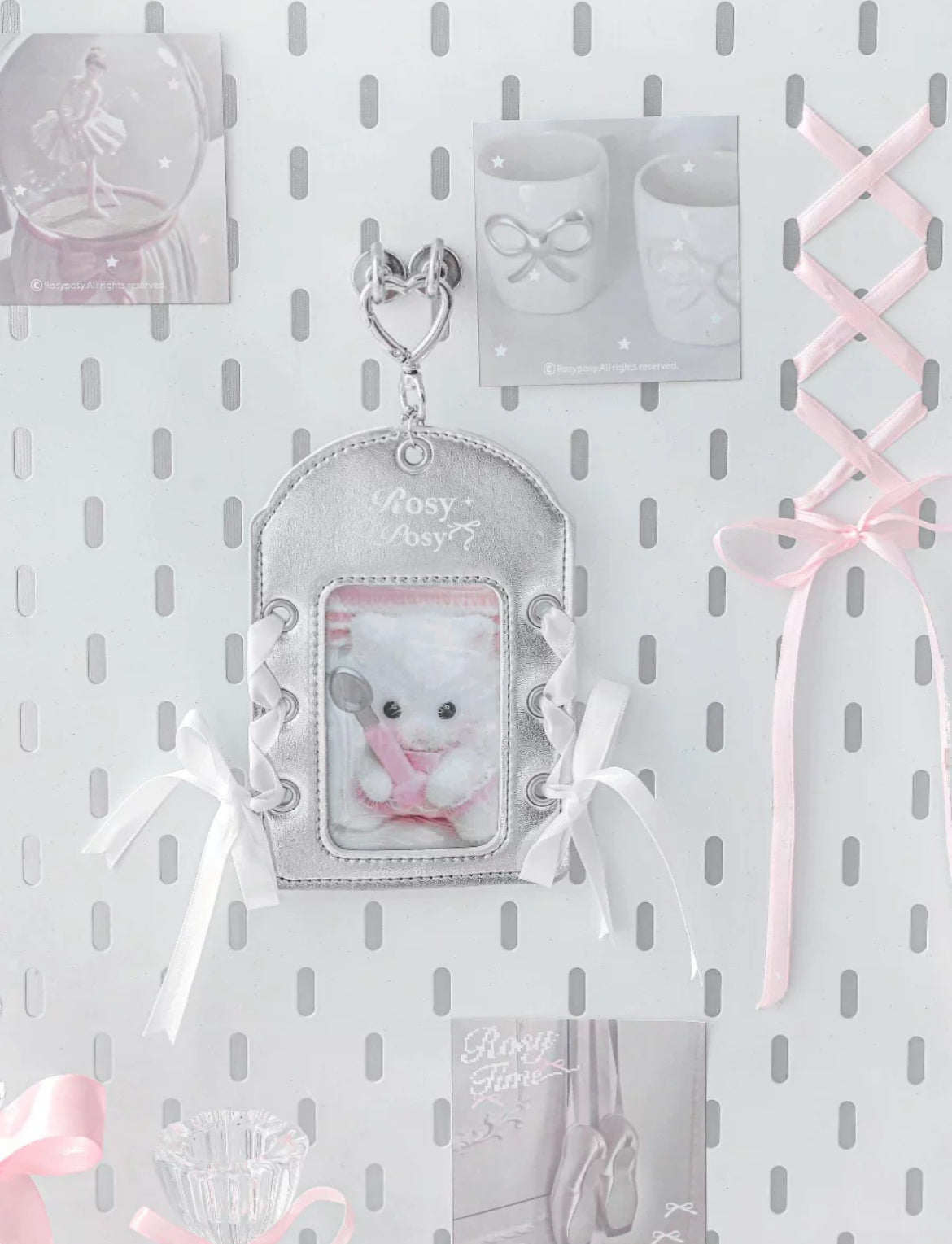 ins silver bow card holder student meal card bus card ID card protective cover bag pendant