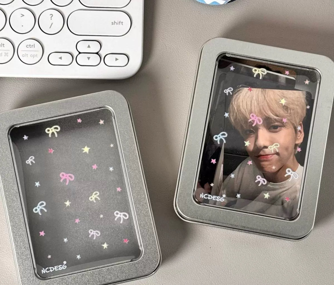 Bow star window iron box ins style with lid small card photo storage box silver idol small card display box