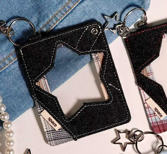 Plaid denim star card holder pendant Polaroid 3-inch small card storage protective cover schoolbag pendant ins high value